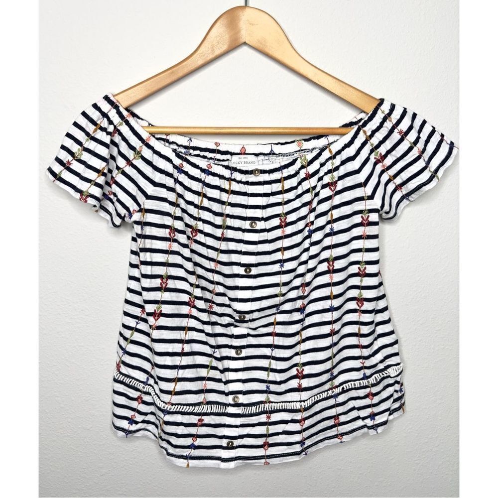 Lucky Brand Womens Black White Striped Embroidered Floral Off Shoulder Top Small